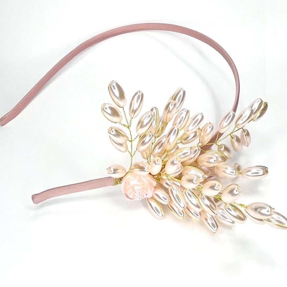 100% Handmade Luxury Headbands with Faux Acrylic Pearls And Golden Wires,Fit performace, wedding, dating or hang-out(Pink).