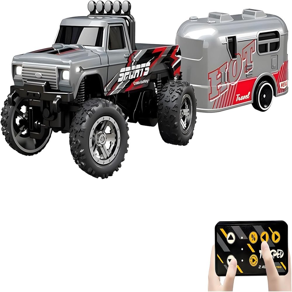 Atlodas Mini Rc Truck, Mini RC Monster Truck, 1:64 Scale Monster Truck Remote Control Car with Lights, 2.4Ghz Remote Control, Speed/Steering Adjustable (Grey)