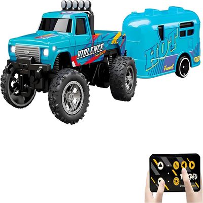 Atlodas Mini Rc Truck, Mini RC Monster Truck, 1:64 Scale Monster Truck Remote Control Car with Lights, 2.4Ghz Remote Control, Speed/Steering Adjustable (Blue-B)