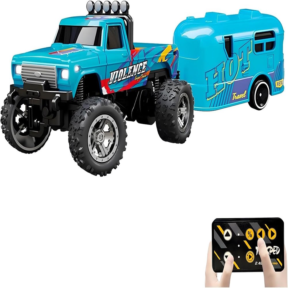 Atlodas Mini Rc Truck, Mini RC Monster Truck, 1:64 Scale Monster Truck Remote Control Car with Lights, 2.4Ghz Remote Control, Speed/Steering Adjustable (Blue-B)