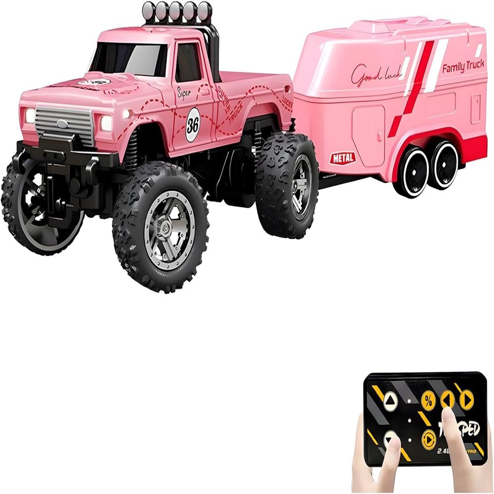 Atlodas Mini Rc Truck, Mini RC Monster Truck, 1:64 Scale Monster Truck Remote Control Car with Lights, 2.4Ghz Remote Control, Alloy Truck with Trailer, Speed/Steering Adjustable (Pink)
