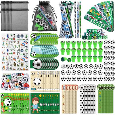 Aneco 340 Pieces Soccer Party Favor Set Soccer Goodie Bags Stuffers Mini Card Pencils Sharpener Eraser Stamp Slap Bracelet Sticker School Stationery Bulk for Sports Party Team Game Prize Birthday Gift