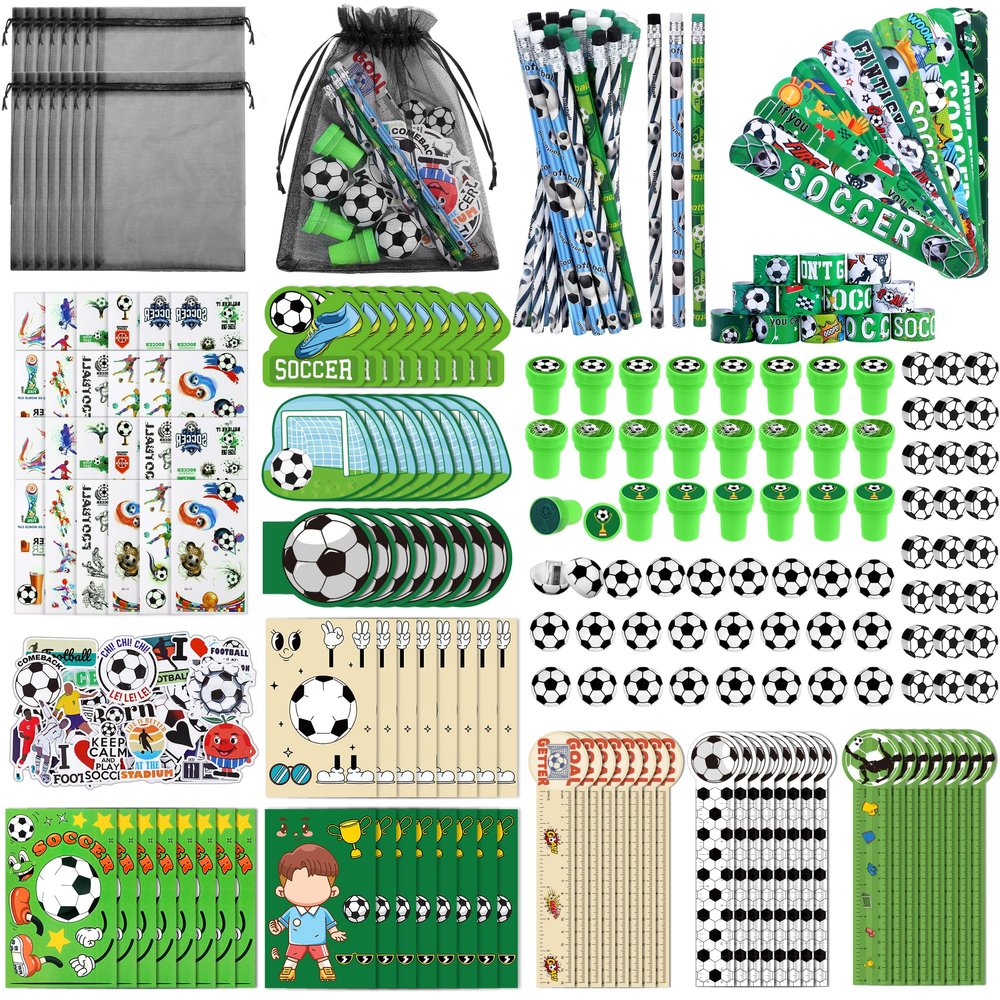 Aneco 340 Pieces Soccer Party Favor Set Soccer Goodie Bags Stuffers Mini Card Pencils Sharpener Eraser Stamp Slap Bracelet Sticker School Stationery Bulk for Sports Party Team Game Prize Birthday Gift