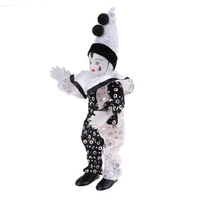 9 Inch Porcelain Clown Doll in Traditional Attire, Harlequin, Halloween Accessory