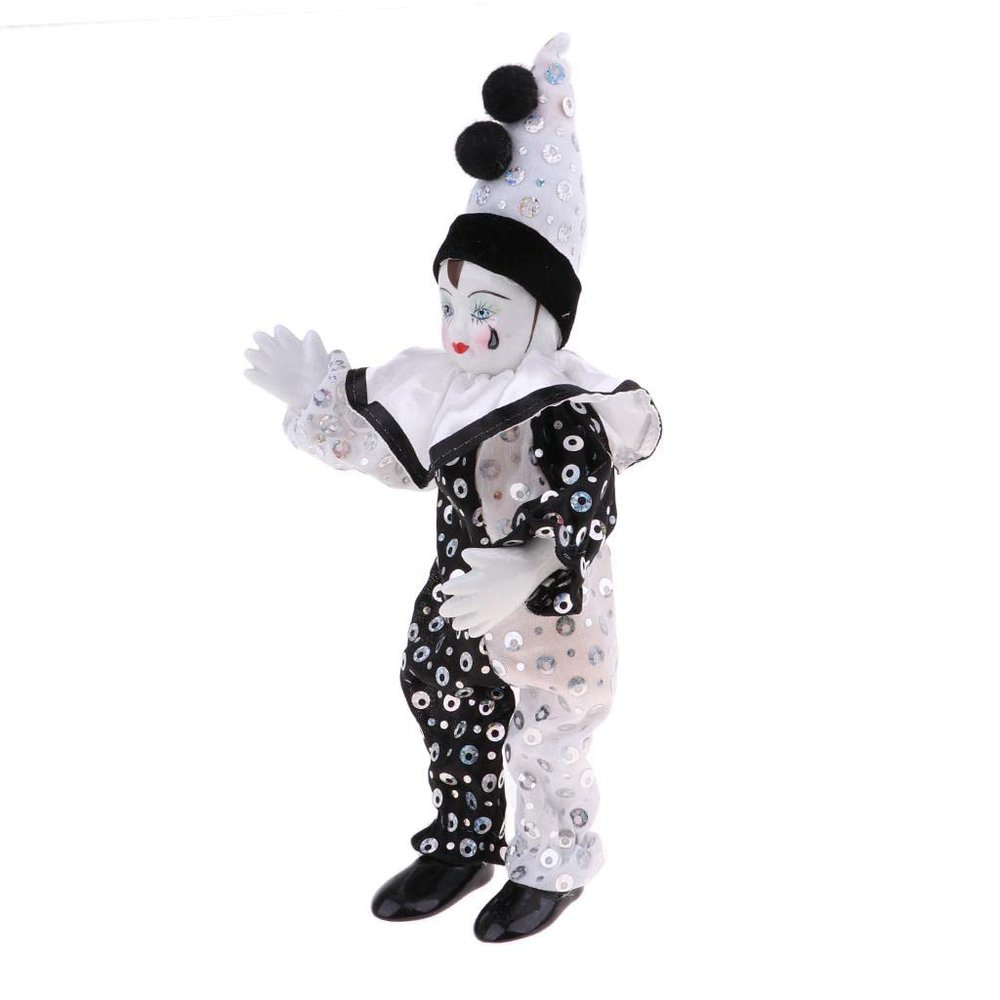 9 Inch Porcelain Clown Doll in Traditional Attire, Harlequin, Halloween Accessory