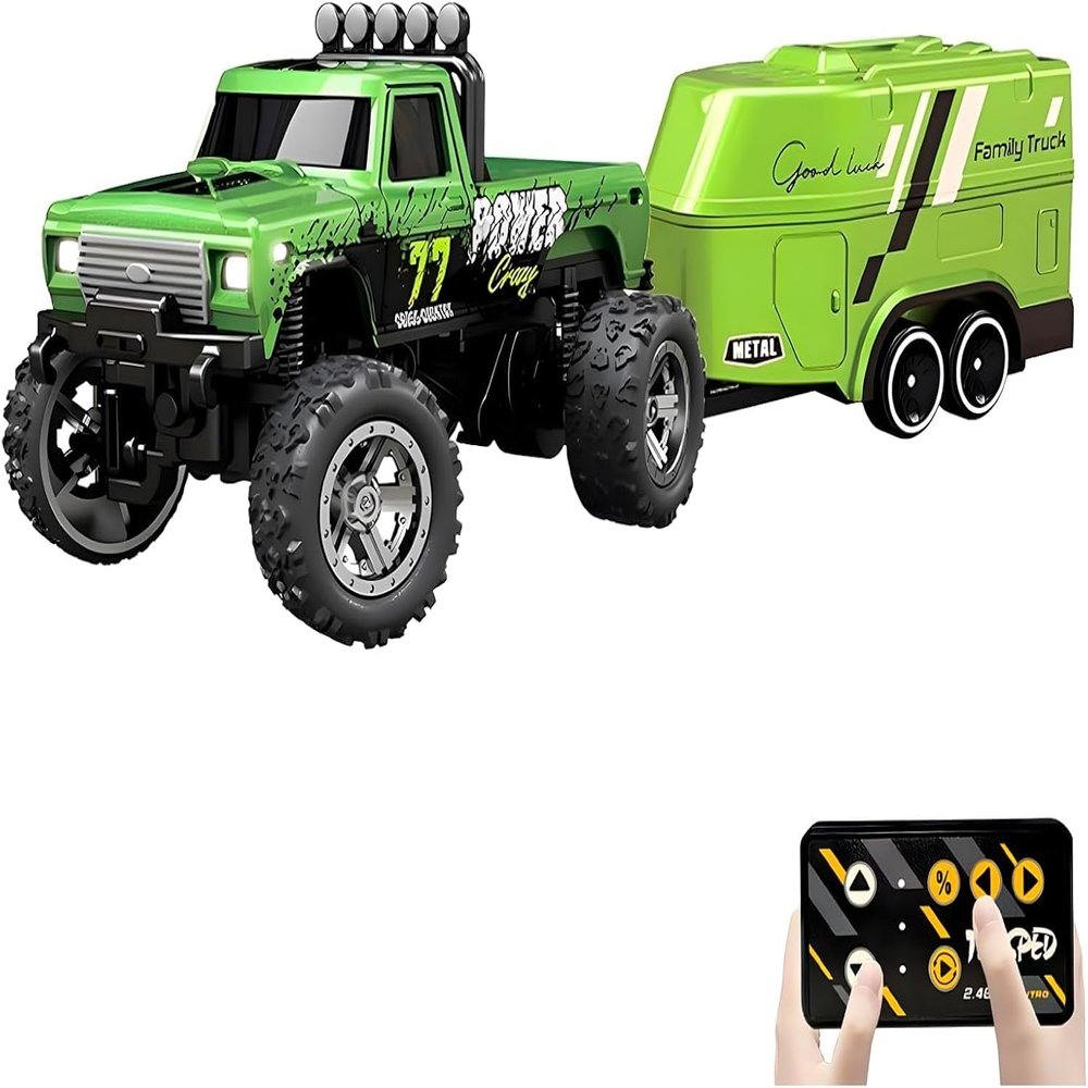 Atlodas Mini Rc Truck, Mini RC Monster Truck, 1:64 Scale Monster Truck Remote Control Car with Lights, 2.4Ghz Remote Control, Speed/Steering Adjustable (Green)