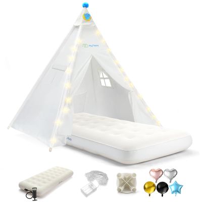 Heypappy Teepee Tent for Kids with Inflatable Airbed, String Lights, Balloons, Pump, Washable Slumber Party Tent Indoor Outdoor for Girls Boys, Children Tipi Playhouse for Playtime and Sleepover
