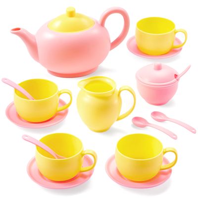 JOYIN 18PCS Pretend Tea Party Set, Pink Plastic Tea Set, Mini Kitchen for Kids, Gifts for Toddler Boys Girls, Easter Birthday Gifts