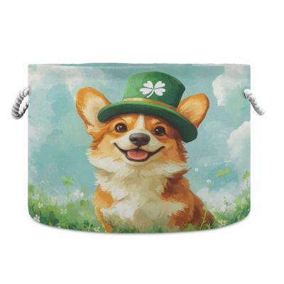 Burbuja St. Patrick Dog Round Storage Basket with Cotton Rope Handles, Laundry Basket for Blankets, Toys, Nursery, Living Room Decoration