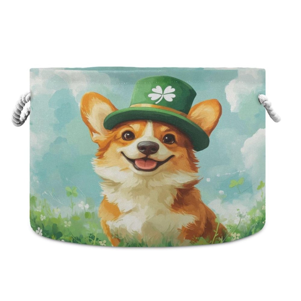 Burbuja St. Patrick Dog Round Storage Basket with Cotton Rope Handles, Laundry Basket for Blankets, Toys, Nursery, Living Room Decoration