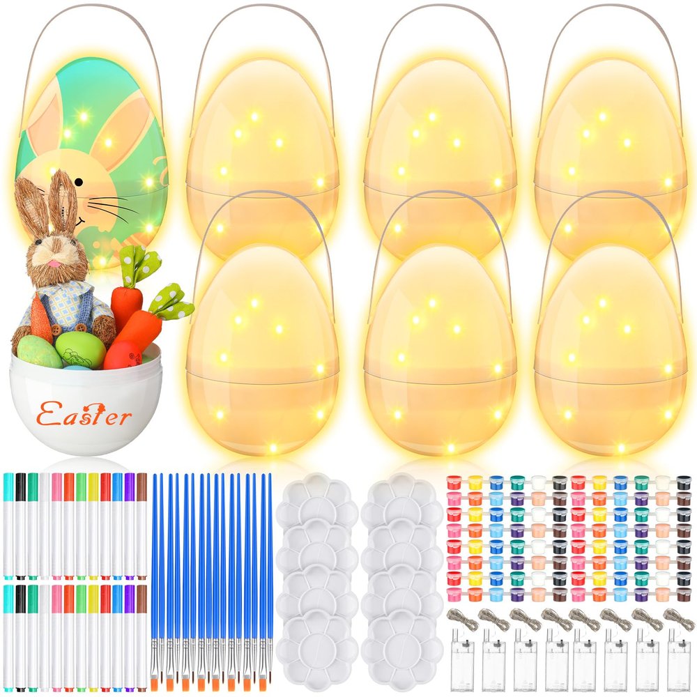 Colingmill 8 Sets Jumbo Easter Egg Plastic Fillable 10 Inch Giant Paintable Eggs with Handles Large White DIY Containers Paint Your Own Egg Lamp Kit for Easter Decor Basket Stuffers Fillers