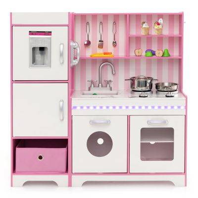 HOMGX Toddler Play Kitchen Toy Set, Children Toy Kitchen Set with Sink, Faucet, Knobs and Ample Accessories, Pretend Wooden Kitchen for Girls 3+ Years Old, Pink