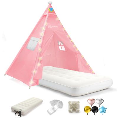 Heypappy Teepee Tent for Kids with Inflatable Airbed, String Lights, Balloons, Pump, Washable Slumber Party Tent Indoor Outdoor for Girls Boys, Children Tipi Playhouse for Playtime and Sleepover