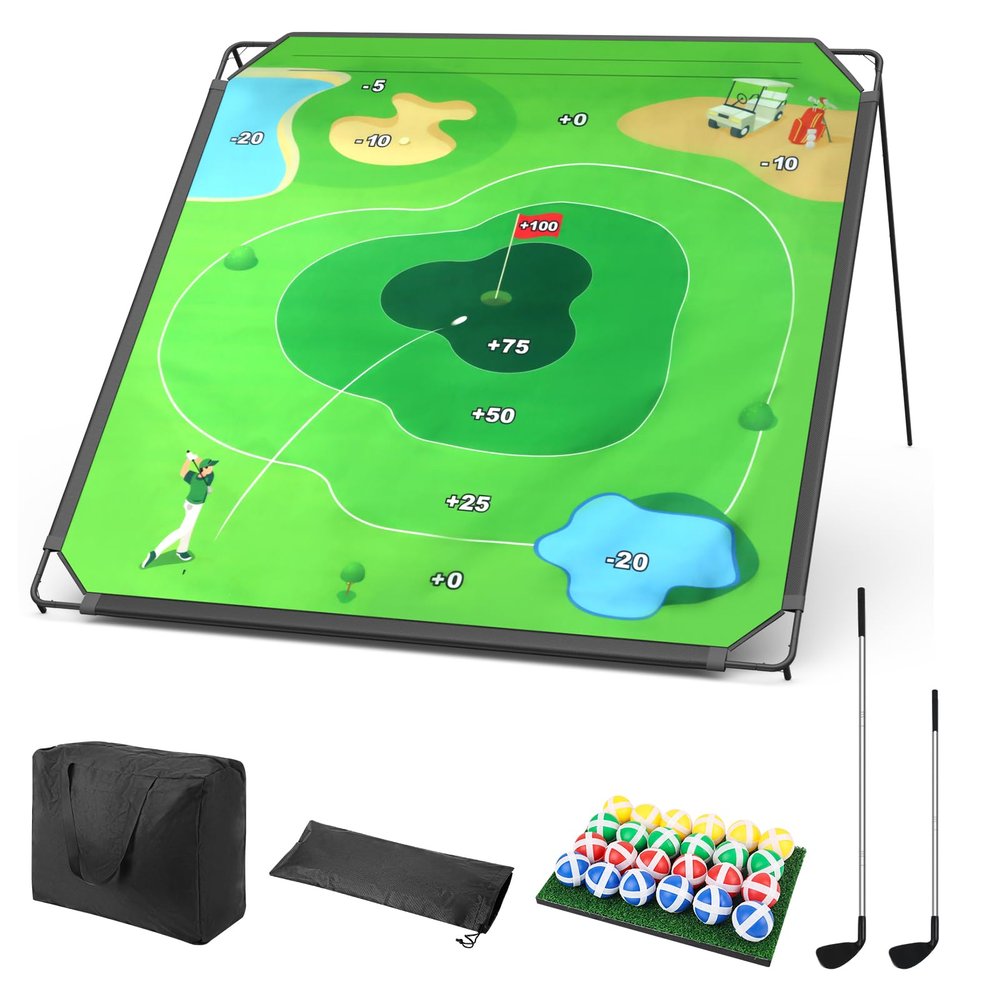 BaiYuan Portable Golf Chipping Game Set for Dads & Junior Golfers - Indoor, Outdoor Backyard & Lawn Fun with 24 Sticky Balls, Putting Mat, 2 Putter & Carry Bag - Easy Setup Family Golf Gifts