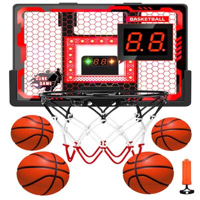 BADGOAL Indoor Basketball Hoop Pro,Basketball Hoop Over The Door - Upgraded Anti-Impact Backboard, with LED Light/Scoreboard/4 Balls-Basketball Toys Pink
