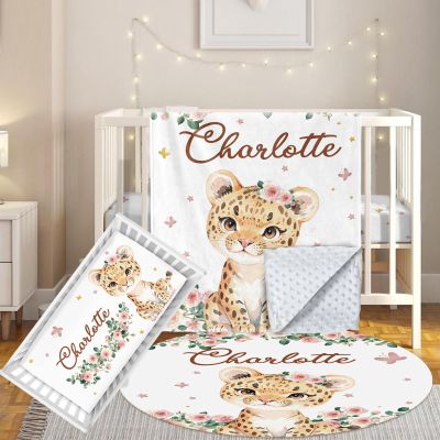 Terwex Custom Baby Crib Bedding Set, 3 Pcs Personalized Nursery Bedding Set with Name, Soft Baby Bedding Crib Sets with Blanket - Toddler Crib Sets for Girls Boys, Infant Newborn Gifts, Pink Leopard