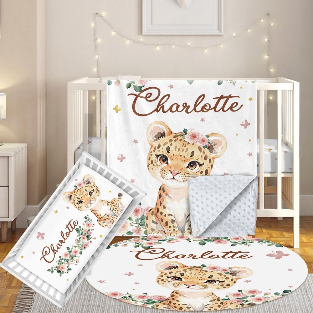 Terwex Custom Baby Crib Bedding Set, 3 Pcs Personalized Nursery Bedding Set with Name, Soft Baby Bedding Crib Sets with Blanket - Toddler Crib Sets for Girls Boys, Infant Newborn Gifts, Pink Leopard