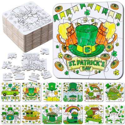 Realspring 24 Pack St Patricks Day Crafts for Kid Irish Coloring Jigsaw Puzzles St. Patrick's Day Activities Classroom Gifts Color Your Own Shamrock Irish Elf Hat Craft Puzzle for Party Favors
