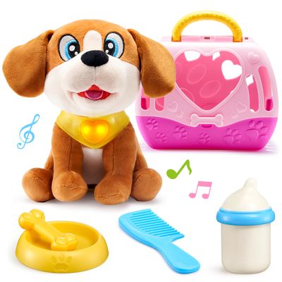 JOYIN Toy Dog for Toddlers, Play Puppy Toy with Carrier & Accessories, Plush Dog with Interactive Button, Lights & Sounds, Pet Care Set for Kids 1 2 3 4 Years Old, Birthday Gifts for Girls