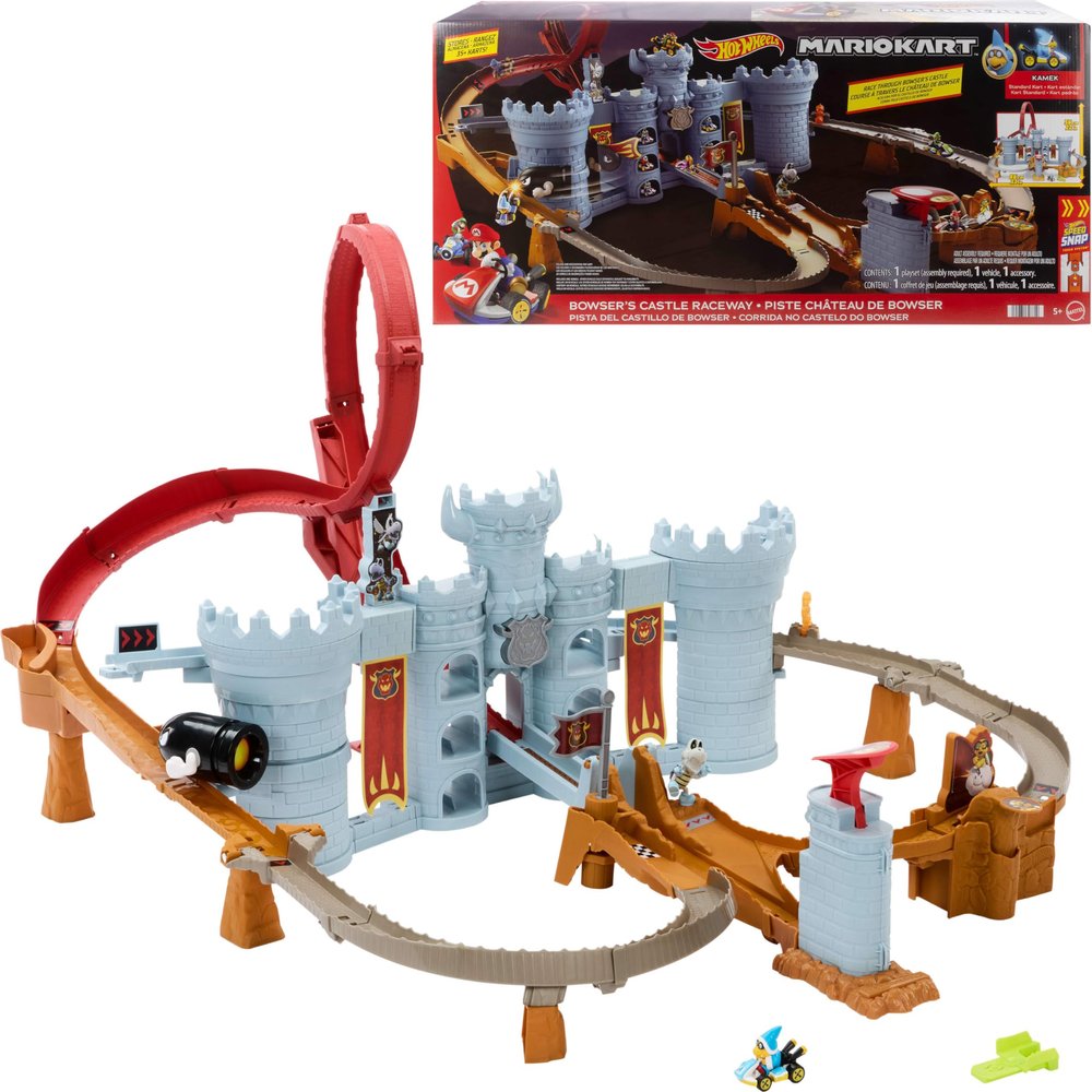 Hot Wheels Toy Car Track Set, Mario Kart Bowsers Castle Playset & 1:64 Scale Die-Cast Kamek, Interactive Play, with Storage for 30+ Vehicles
