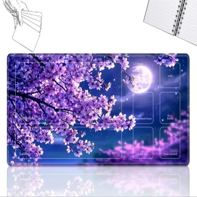 Playmat for MTG Cards Game Mat with Non-Slip Rubber Base Stitched Field Rules Zones Play Mat Desk Mats with Cherry Blossom Moon Size 24 x 14 inch Mousepad for MTG TCG Card Game Playing for Beginner