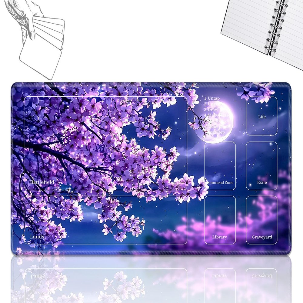 Playmat for MTG Cards Game Mat with Non-Slip Rubber Base Stitched Field Rules Zones Play Mat Desk Mats with Cherry Blossom Moon Size 24 x 14 inch Mousepad for MTG TCG Card Game Playing for Beginner