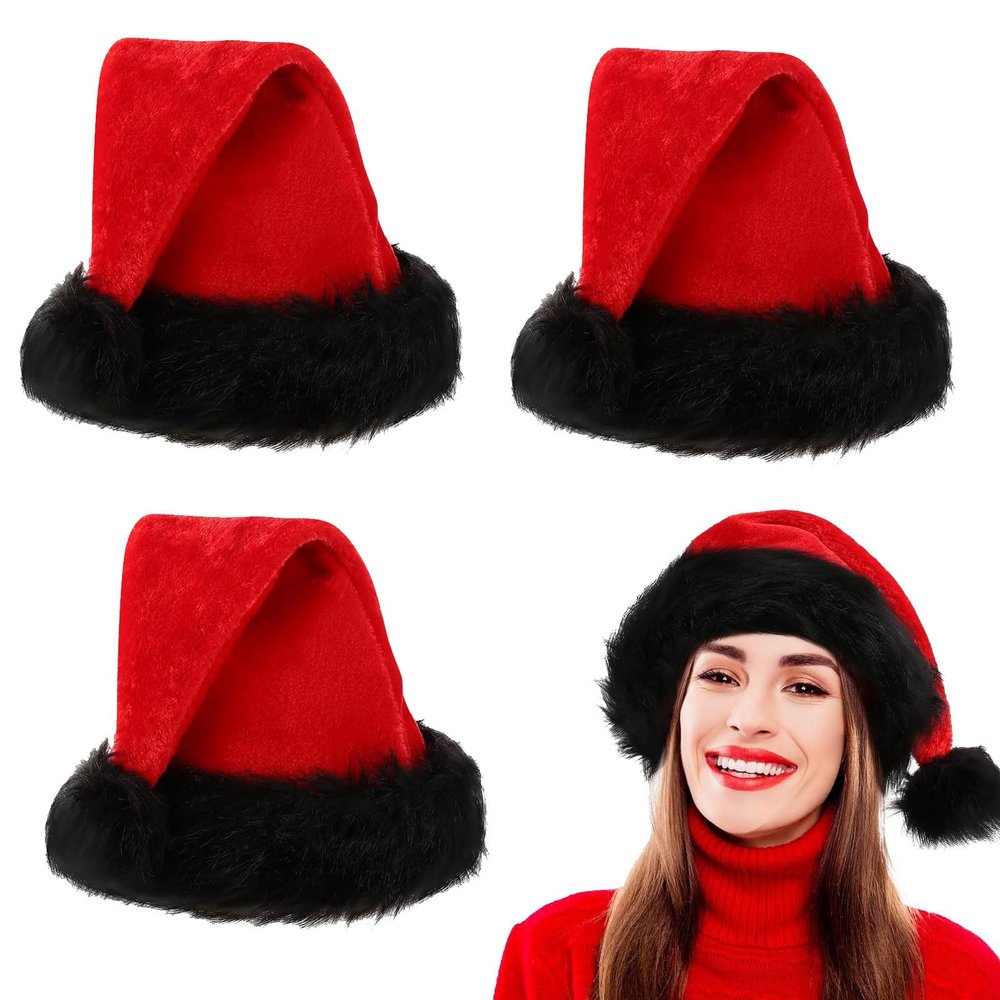 3PCS Christmas Hat,Super Soft Plush Santa Hat,Xmas Holiday Hat for Adults for Xmas New Year Party Headwear (3PCS)