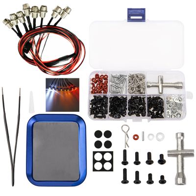 8Leds LED Light Headlights Lighting Taillight Kit & Universal RC Screws Kit,M3 Screws Flat washers R Clips Hexagon Wrench Repair Tool Box with Magnetic Screw Tray