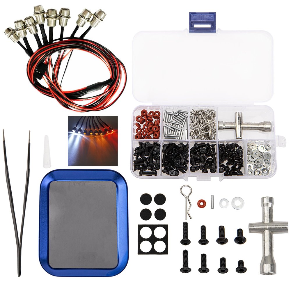 8Leds LED Light Headlights Lighting Taillight Kit & Universal RC Screws Kit,M3 Screws Flat washers R Clips Hexagon Wrench Repair Tool Box with Magnetic Screw Tray