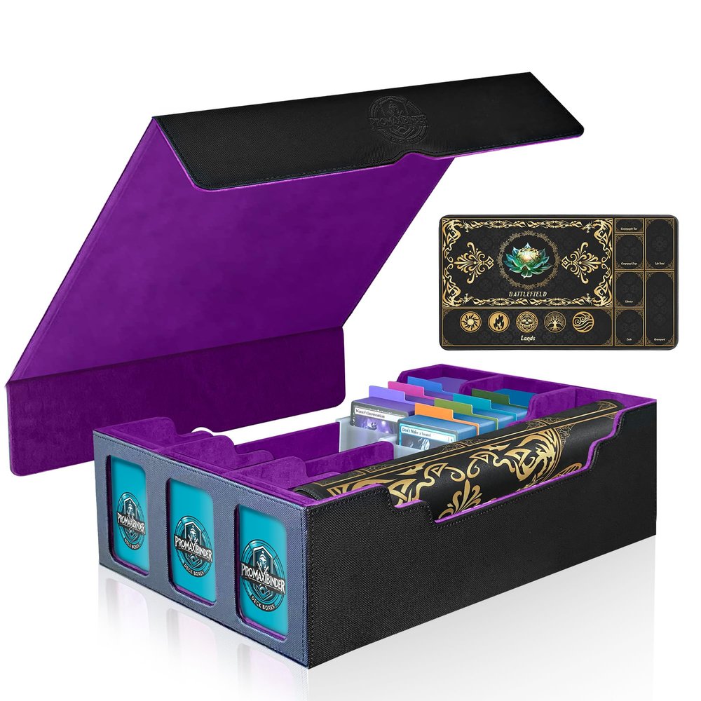 PROMAXIBINDER Trading Card Storage Box with Playmat 3 Display, Black&Purple