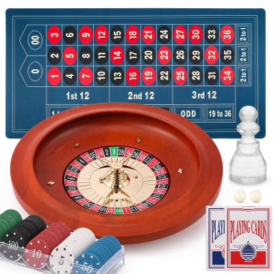 Proshine 11" Roulette Wheel Set: Solid Roulette Wheel with 47.2 * 23.6 Roulette Table Layout Felt Mat 100pcs ABS Poker Chips Roulette Win Marker 2 Decks of Playing Cards Casino Game Sets