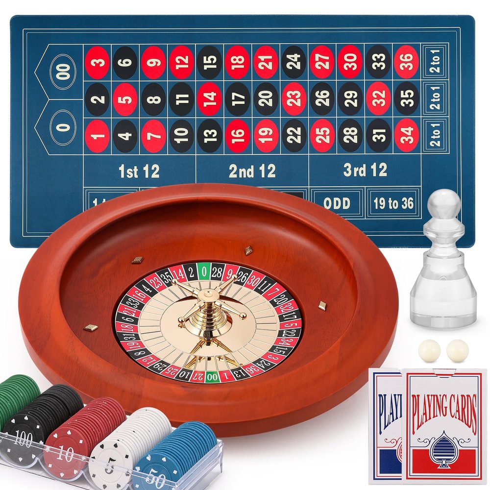 Proshine 11" Roulette Wheel Set: Solid Roulette Wheel with 47.2 * 23.6 Roulette Table Layout Felt Mat 100pcs ABS Poker Chips Roulette Win Marker 2 Decks of Playing Cards Casino Game Sets