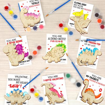 24 Sets Valentine's Day Gifts for Kids Wooden Cards Craft Painting Kits Valentines Day Dinosaur Theme Cards Valentine Gift Wood Cards for School Classroom Favors Exchange Gifts Party Favors Supplies