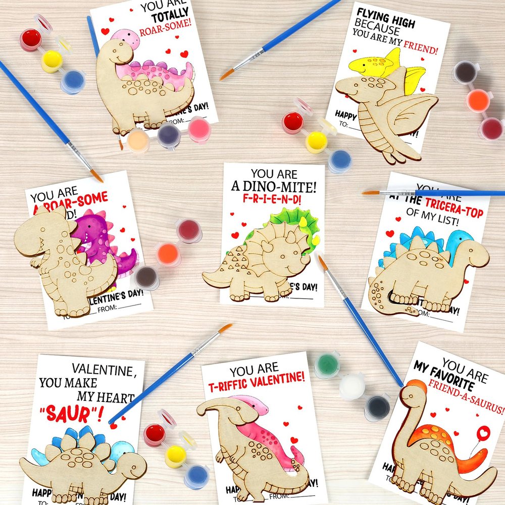 24 Sets Valentine's Day Gifts for Kids Wooden Cards Craft Painting Kits Valentines Day Dinosaur Theme Cards Valentine Gift Wood Cards for School Classroom Favors Exchange Gifts Party Favors Supplies