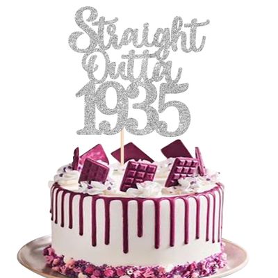 1 Pack 90th Birthday Cake Topper Glitter Straight Outta 1935 Ninety Awesome Since 1935 Cake Pick 90 Fabulous Cupcake Decorations for 90th Birthday Wedding Anniversary Party Supplies Silver