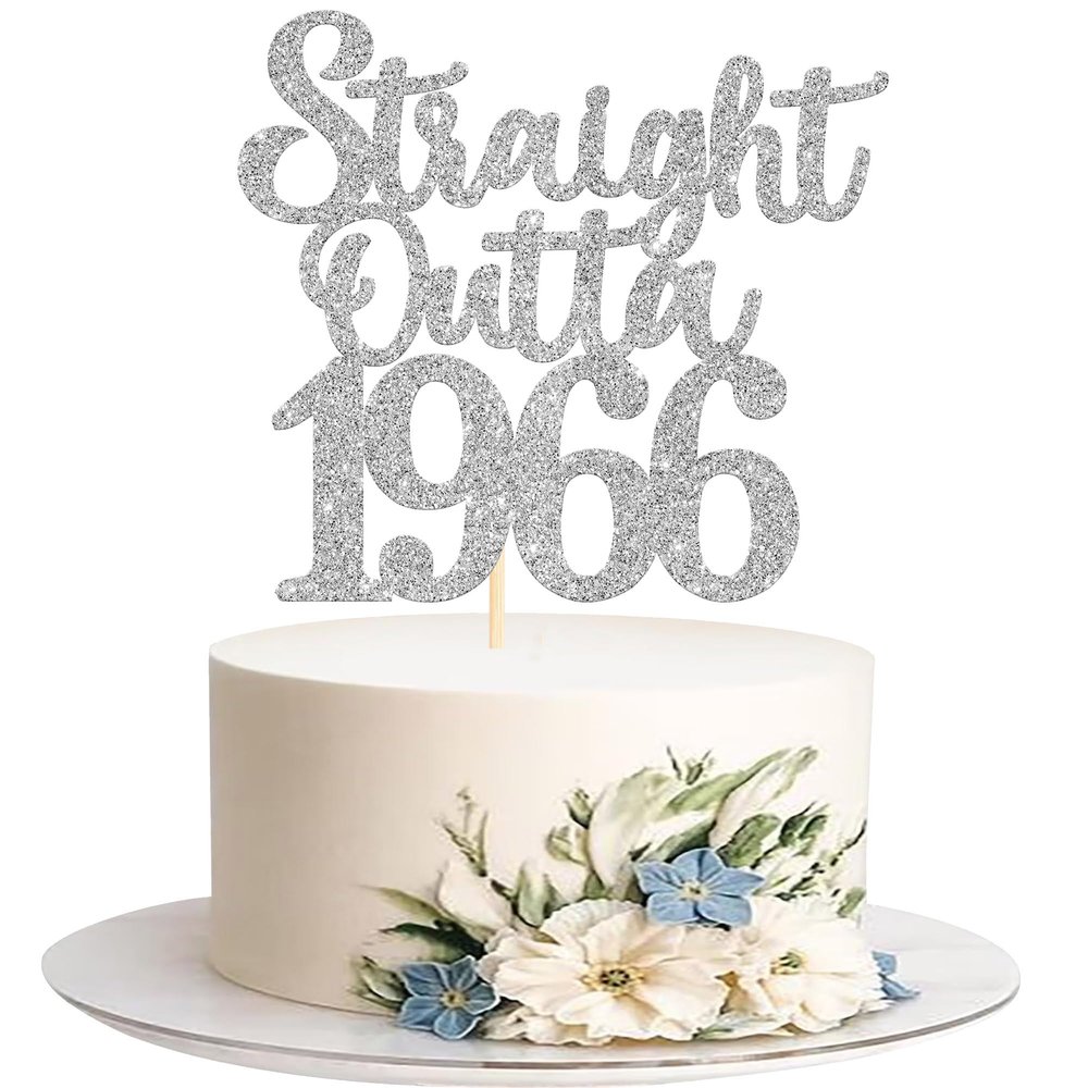 1 Pack 60th Birthday Cake Topper Glitter Straight Outta 1966 Sixty Awesome Since 1966 Cake Pick 60 Fabulous Cupcake Decorations for 60th Birthday Wedding Anniversary Party Supplies Silver