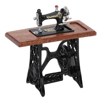 1:12 Scale Vintage Miniature Sewing Machine Table, Dollhouse Furniture for School, Home with Cloth and Scissors