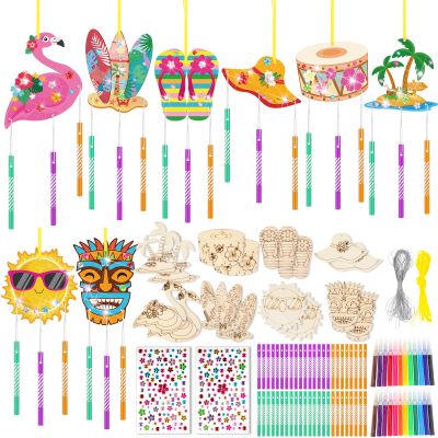 WinnerWhy 16 Pack Summer Wind Chime Kit Hawaii Craft Make Your Own Flamingos Tiki Surfboard Wind Chime DIY Wooden Hanging Ornaments Painting Craft for Hawaii Summer Family Activities Party Supplies