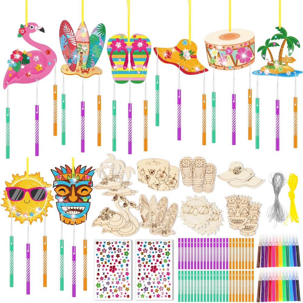WinnerWhy 16 Pack Summer Wind Chime Kit Hawaii Craft Make Your Own Flamingos Tiki Surfboard Wind Chime DIY Wooden Hanging Ornaments Painting Craft for Hawaii Summer Family Activities Party Supplies