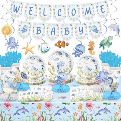 156PCS Under the Sea Baby Shower Decoration - Ocean Animals Theme Birthday Supplies - Includes Welcome Banner, Hanging Swirls, Honeycomb Centerpieces for Kids Party Favors