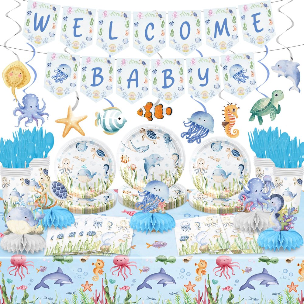 156PCS Under the Sea Baby Shower Decoration - Ocean Animals Theme Birthday Supplies - Includes Welcome Banner, Hanging Swirls, Honeycomb Centerpieces for Kids Party Favors