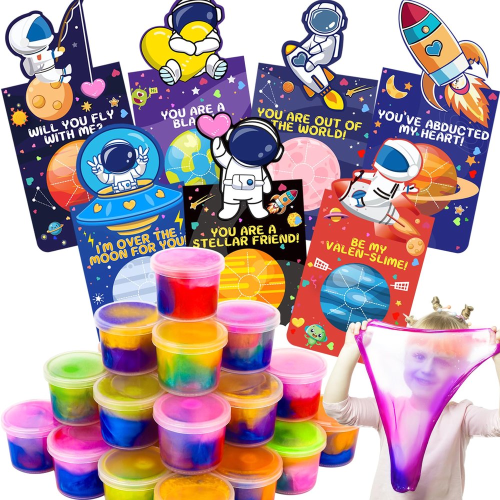 28 Pack Valentines Day Gift for Kids, Galaxy Slime Stress Relief Fidget Toy with Valentine's Day Cards, Valentines for Kids Classroom, School Valentine Party Favors