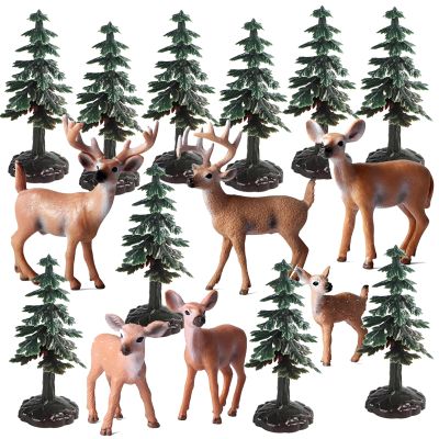AENIMELY 16pcs White-Tailed Deer Figures and Christmas Tree Playset Woodland Jungle Animal Figurine for Christmas New Year Birthday Decorations