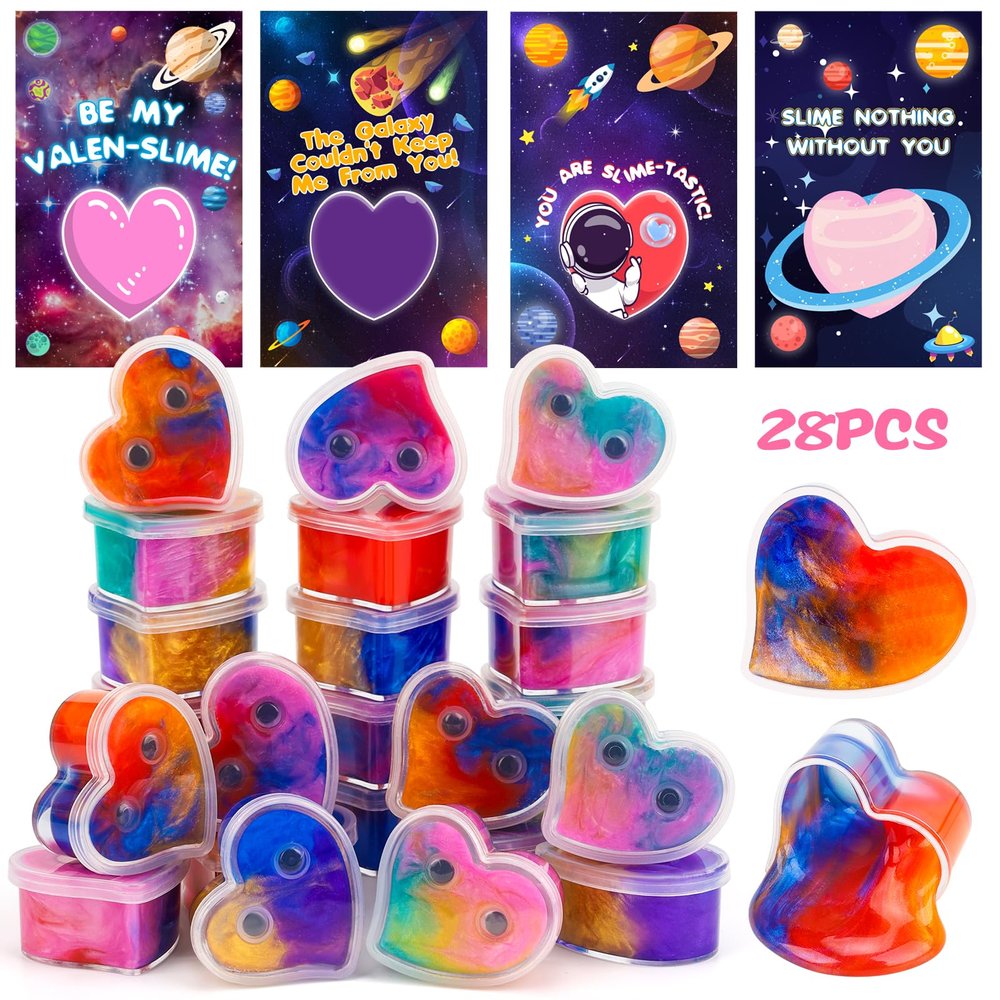 28 Pack Valentines Day Gifts for Kids Classroom - Galaxy Slime Valentines for Kids with Valentine Day Cards for School, Class Valentine's Day Exchange Gifts for Boys Girls