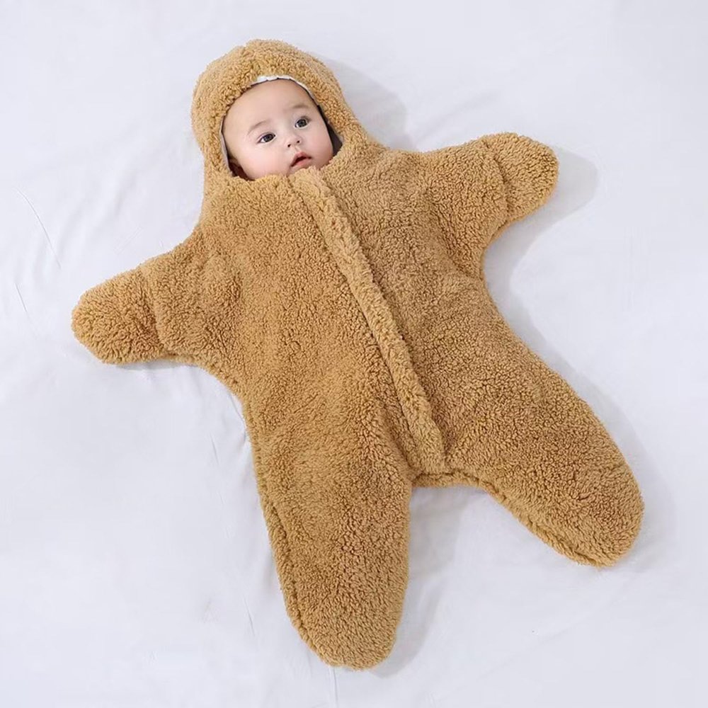 Lamb Wool Newborn Star Jumpsuit Sleeping Bag with Head and feet Connected (Khaki, 0-3M)