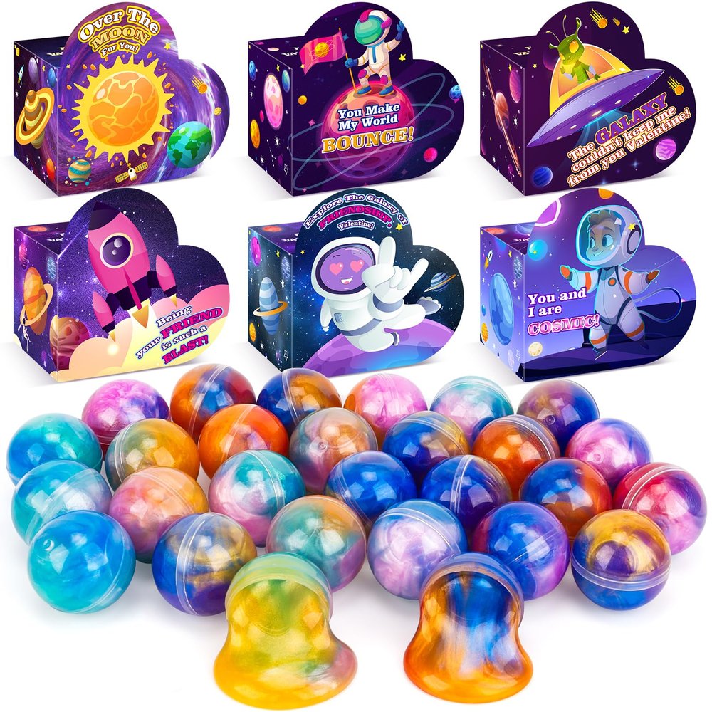 30 Pack Valentines Gifts for Kids Galaxy Slime Valentines with Valentine Day Cards for Valentine Party Favors Valentines Cards for Kids Classroom Boys Valentines for School