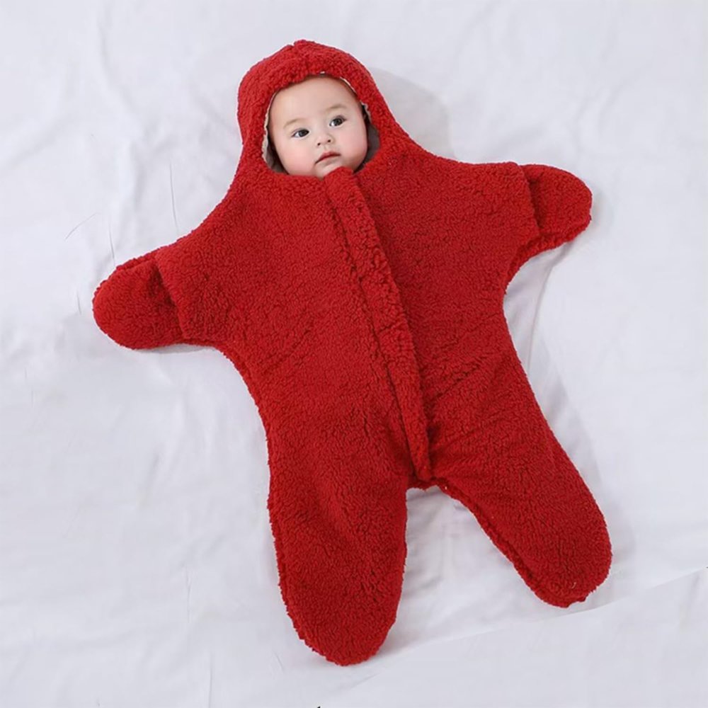 Lamb Wool Newborn Star Jumpsuit Sleeping Bag with Head and feet Connected (red, 3-6M)