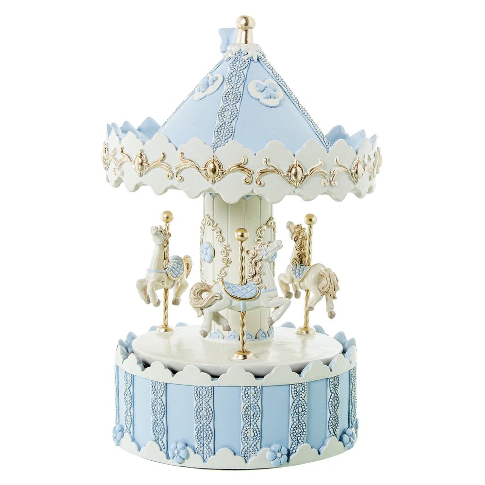 DRW Musical Carousel Resin with String in Blue and White 12 x 12 x 19 cm