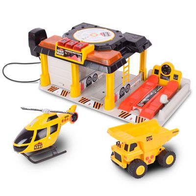 Mini Dig Vehicle Motorized Playset Construction Site Garage with Front Loader and Helicopter