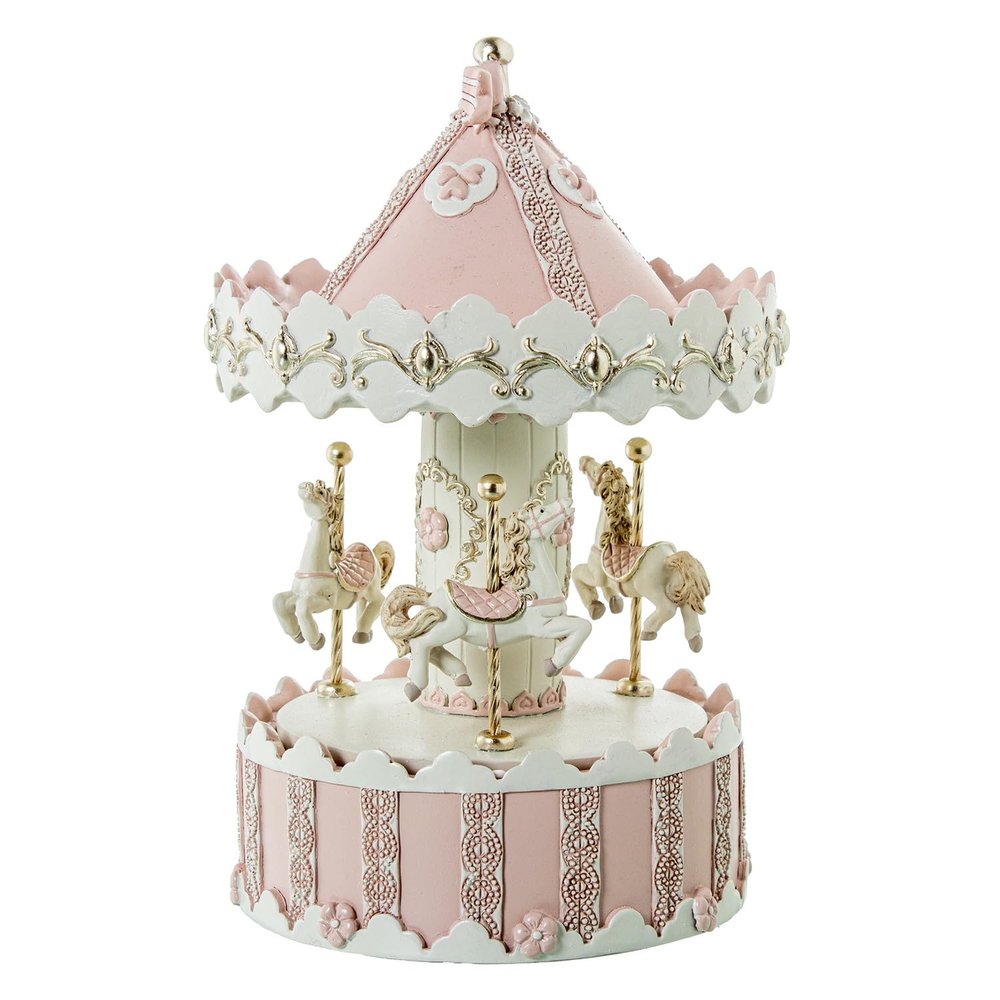 DRW White and Pink Resin Musical Carousel with String 12 x 12 x 19 cm